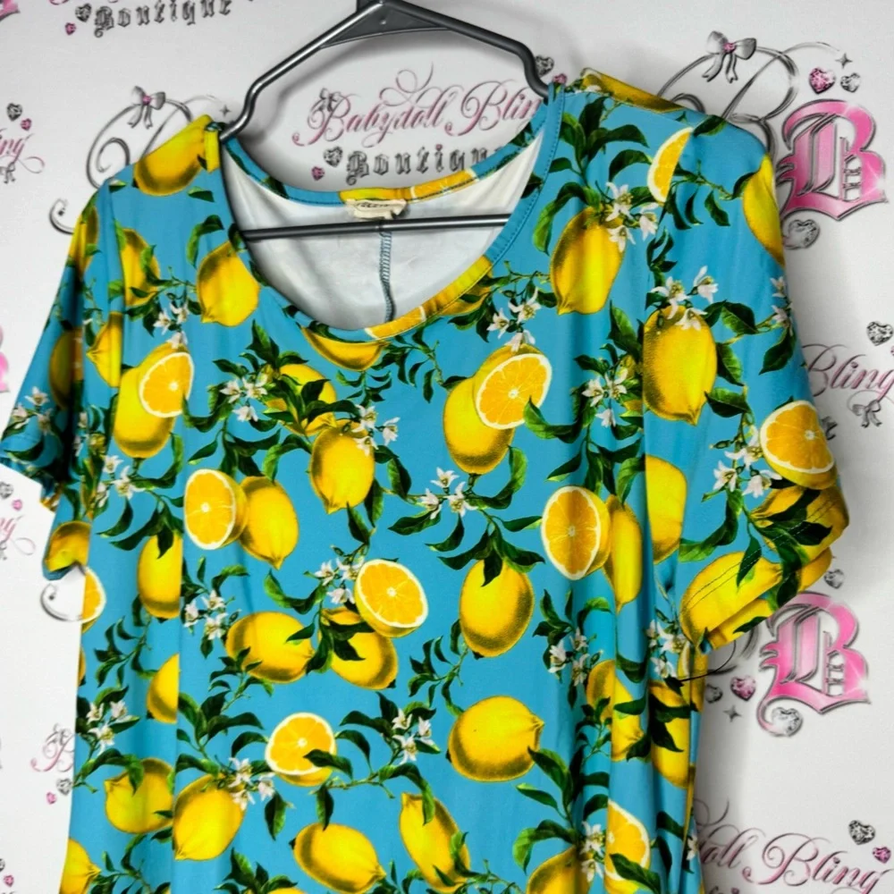 Yelete dress Lemon Print Blue yellow pockets on sides Tshirt style - Picture 7 of 11